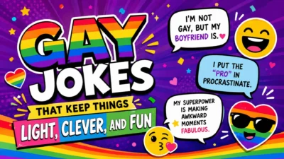 Gay jokes title graphic with colorful rainbow comedy theme and playful modern humor design