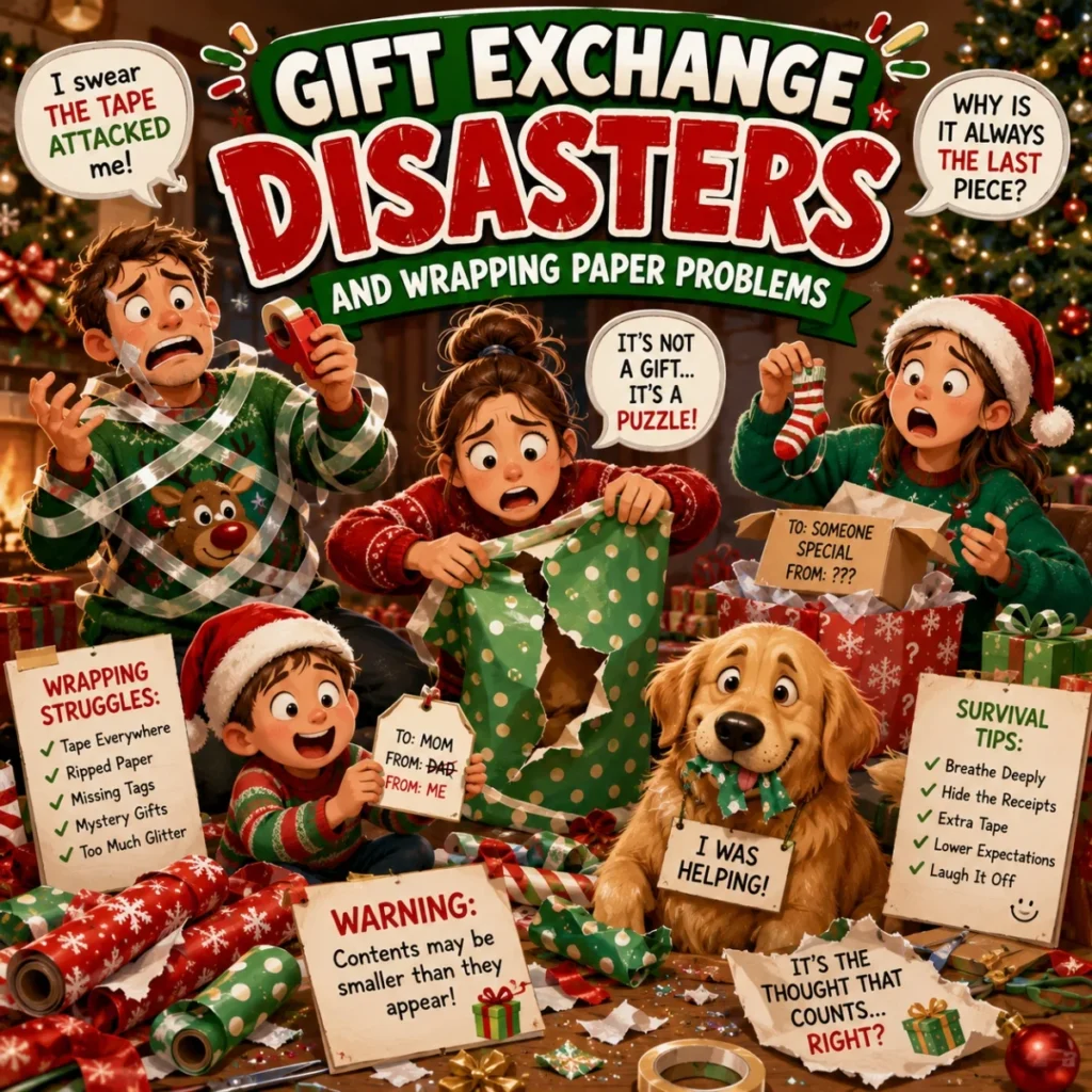 Gift exchange disasters poster with torn wrapping paper, confused family, dog, and Christmas presents