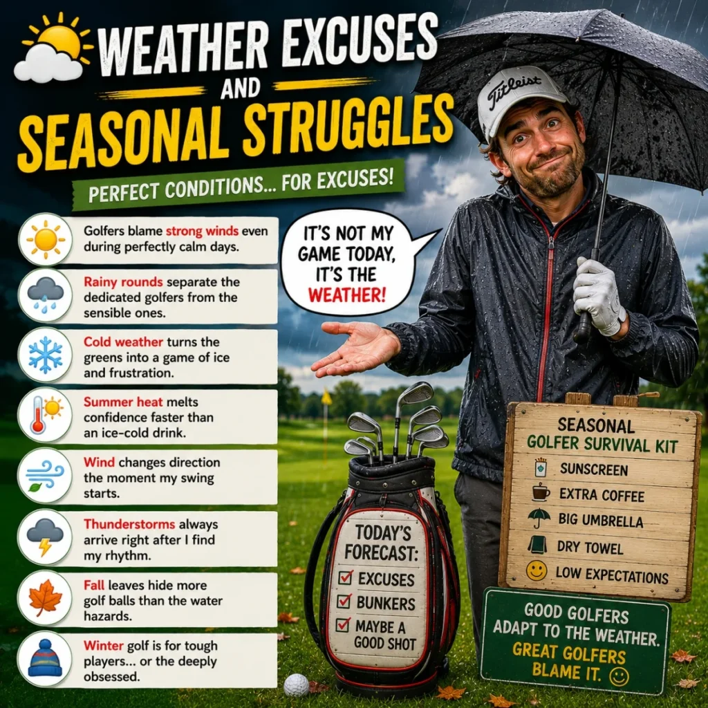Funny golf weather excuses poster with seasonal struggles, clouds, wind, rain, and golfer humor