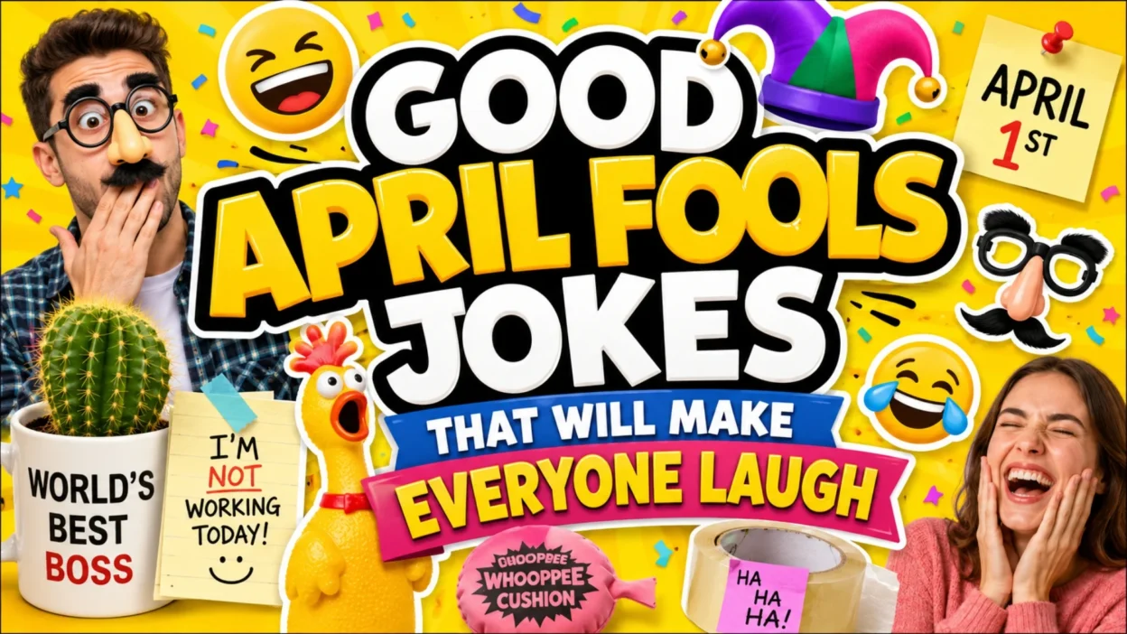 Good April Fools jokes thumbnail with prank props, laughing people, and April 1st party design