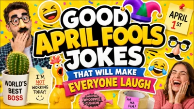 Good April Fools jokes thumbnail with prank props, laughing people, and April 1st party design