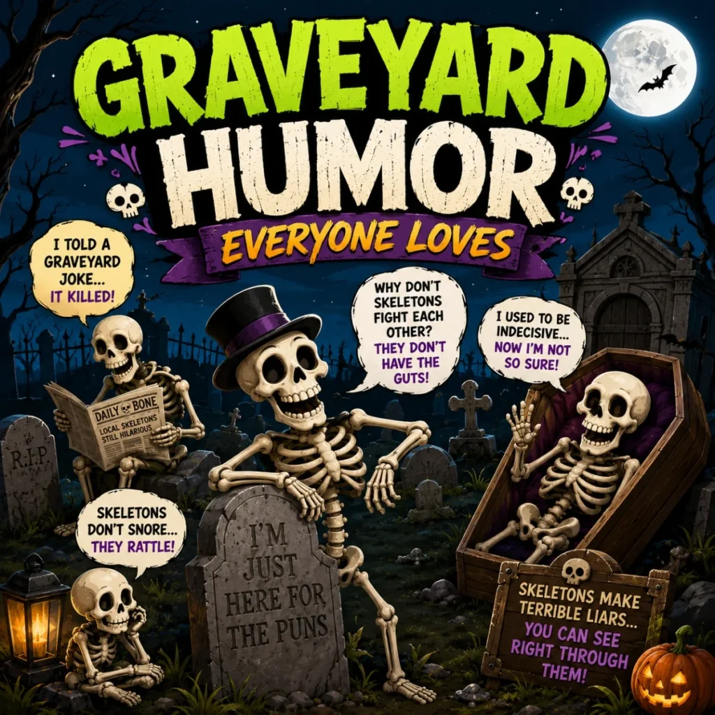 Funny graveyard humor image with ghosts, skeletons, pumpkins, tombstones, and spooky Halloween night scene