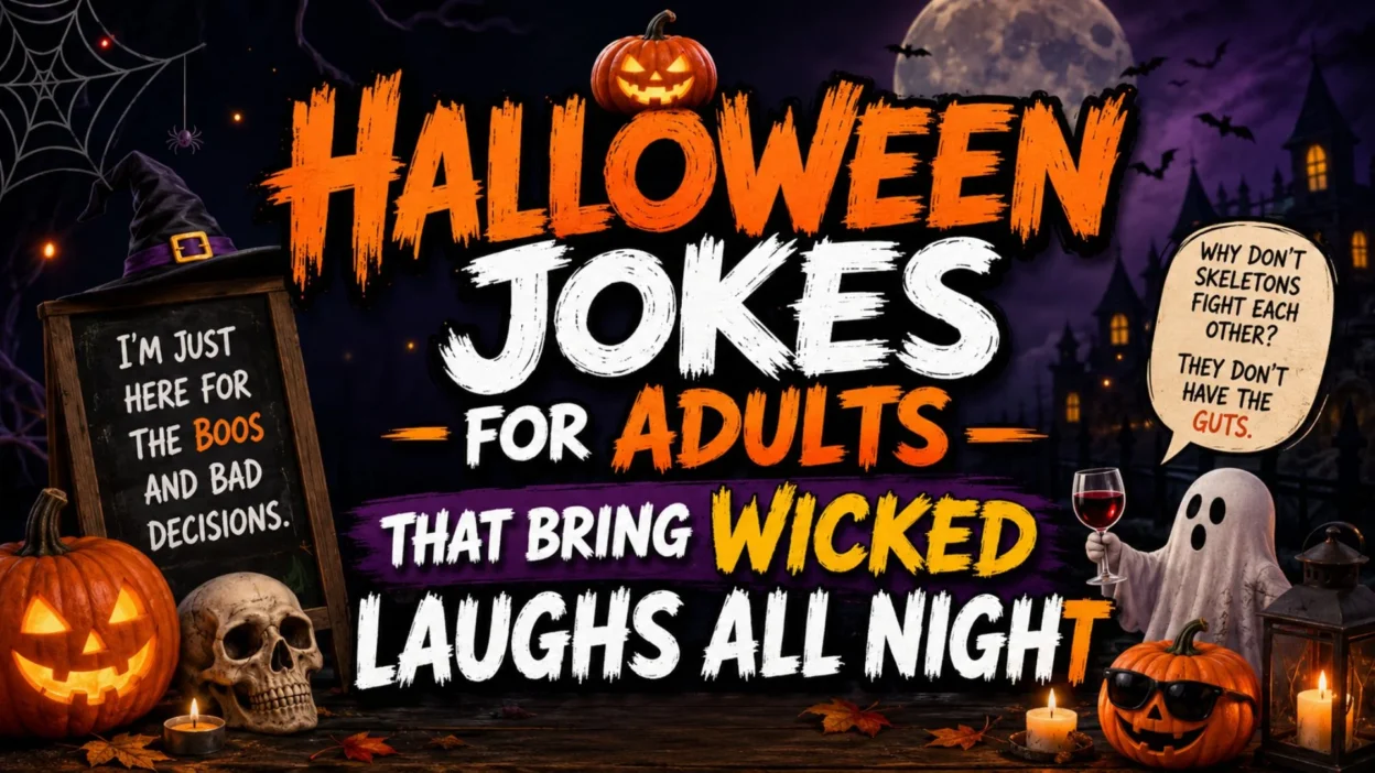 Halloween jokes for adults poster with pumpkins, ghost, skull, moon, and spooky party humor