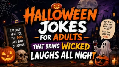 Halloween jokes for adults poster with pumpkins, ghost, skull, moon, and spooky party humor