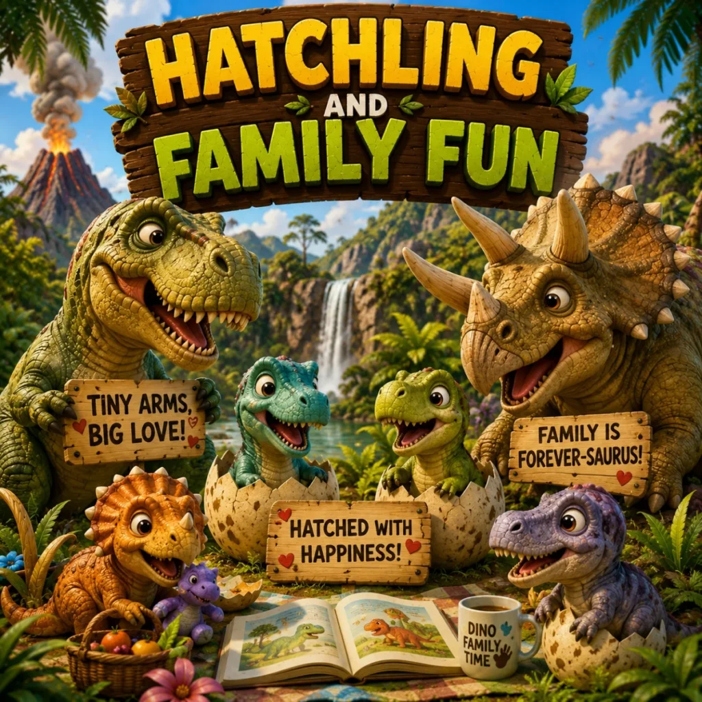 Baby dinosaur hatchlings with family in a warm prehistoric jungle scene full of cute dino fun