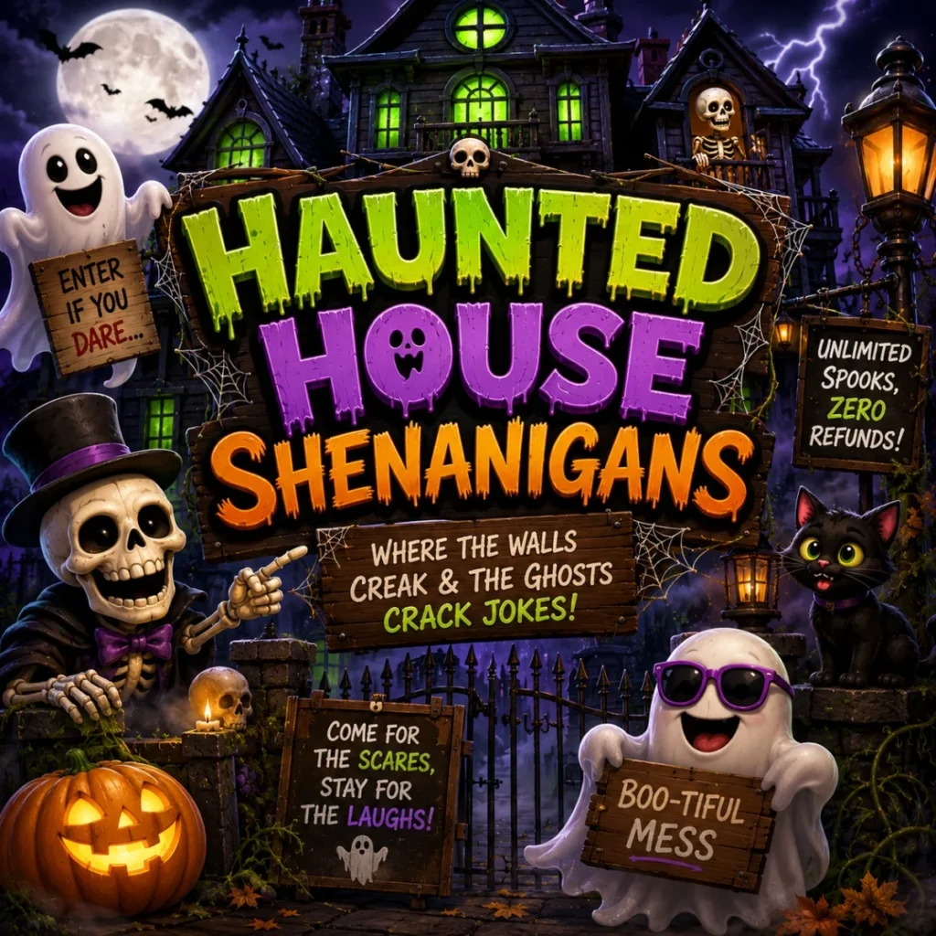 Haunted house shenanigans image with spooky mansion, ghosts, skeletons, pumpkin, black cat, and moon