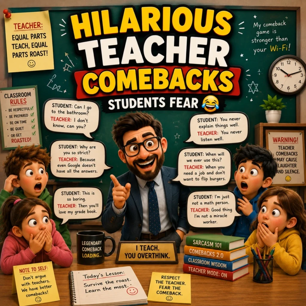 Hilarious teacher comebacks poster with shocked students, classroom jokes, and funny school humor