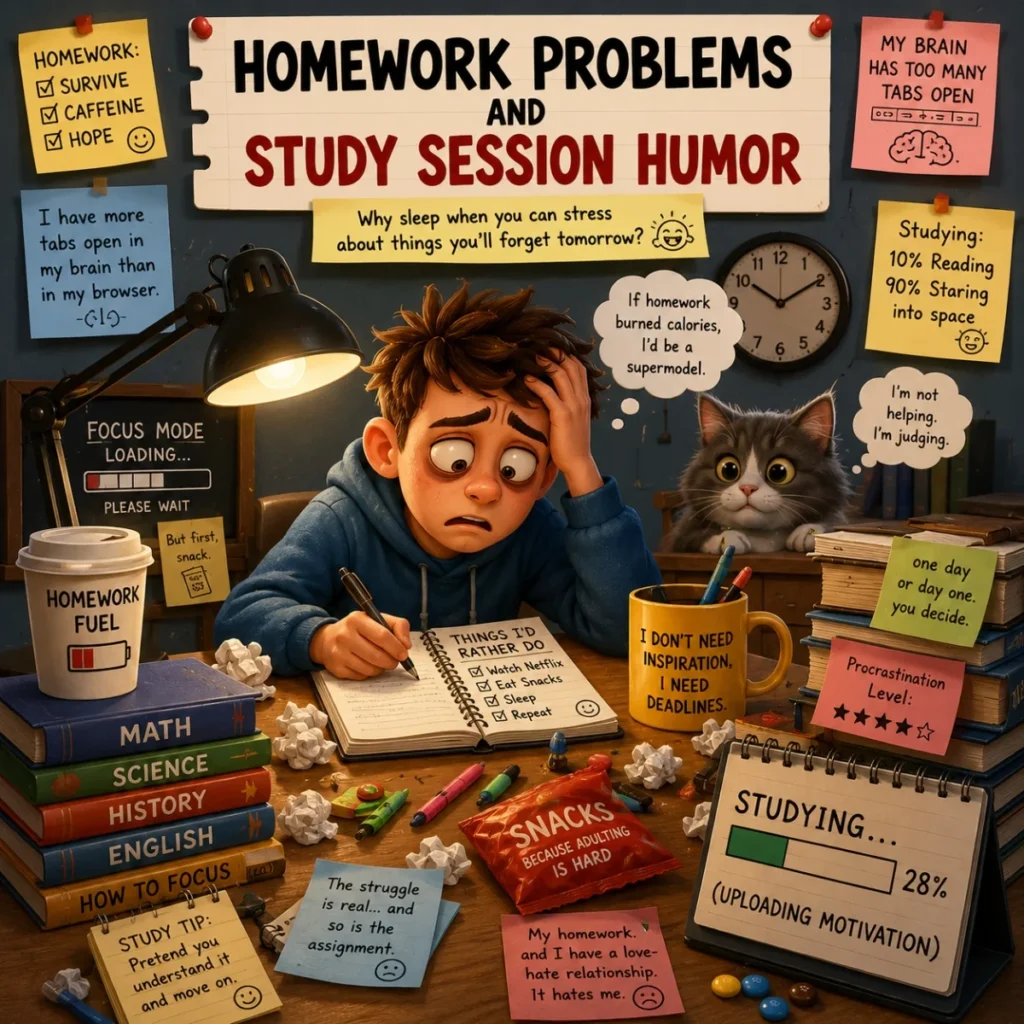Stressed student doing homework at messy desk with books, notes, snacks, and study humor