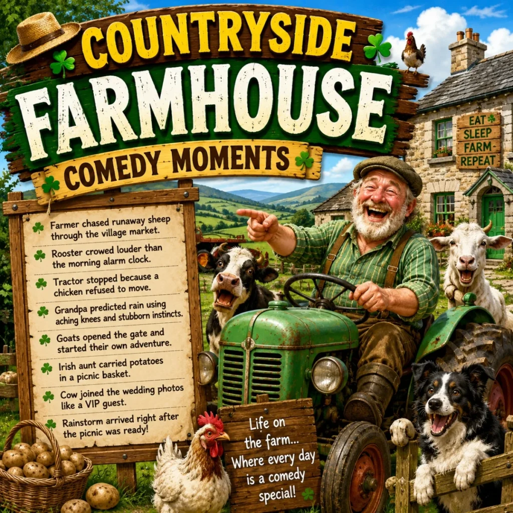 Funny Irish farmhouse cartoon with laughing farmer, tractor, animals, potatoes, and countryside comedy jokes
