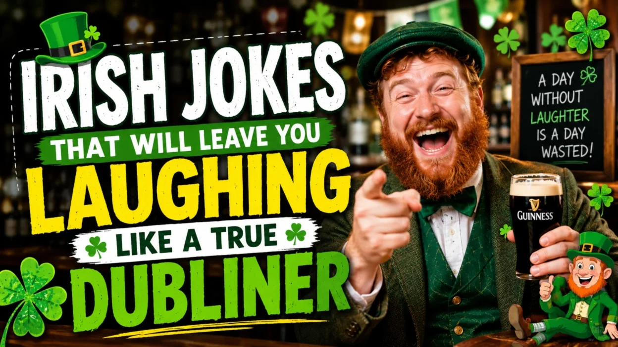 Funny Irish pub joke thumbnail with laughing redhead man, Guinness pint, shamrocks, and Dublin humor