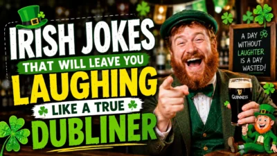 Funny Irish pub joke thumbnail with laughing redhead man, Guinness pint, shamrocks, and Dublin humor