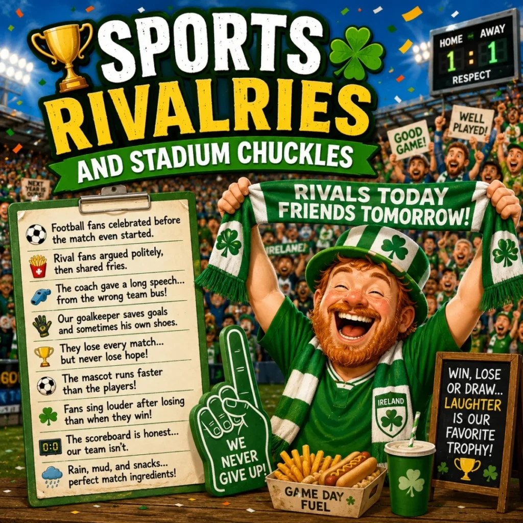 Irish sports rivalry cartoon with cheering fan, stadium crowd, shamrocks, scarf, snacks, and funny game day jokes