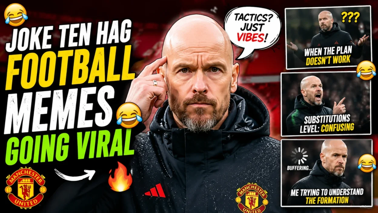 Joke Ten Hag football memes graphic with fans, stadium lights, and viral online banter theme
