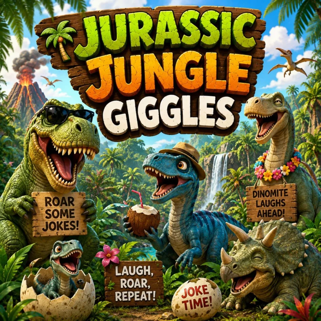 Funny dinosaurs laughing in a lush Jurassic jungle with tropical trees and playful prehistoric humor