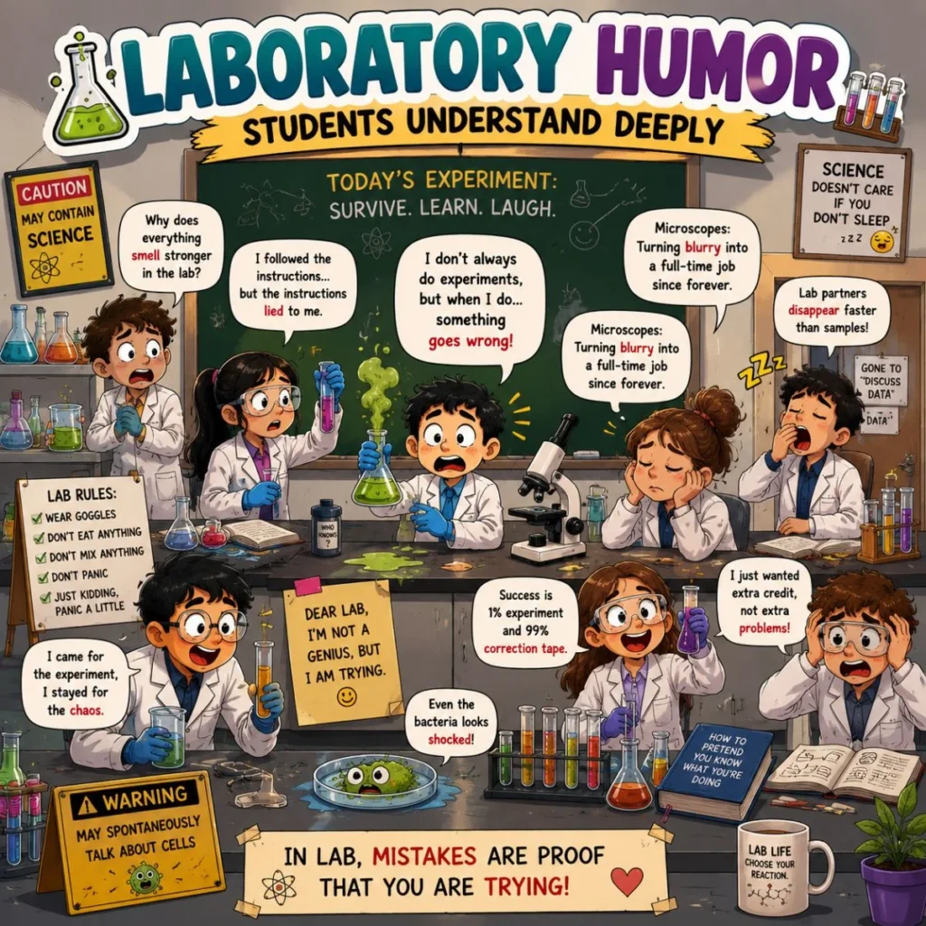 Funny science lab poster with students, microscopes, test tubes, and laboratory humor
