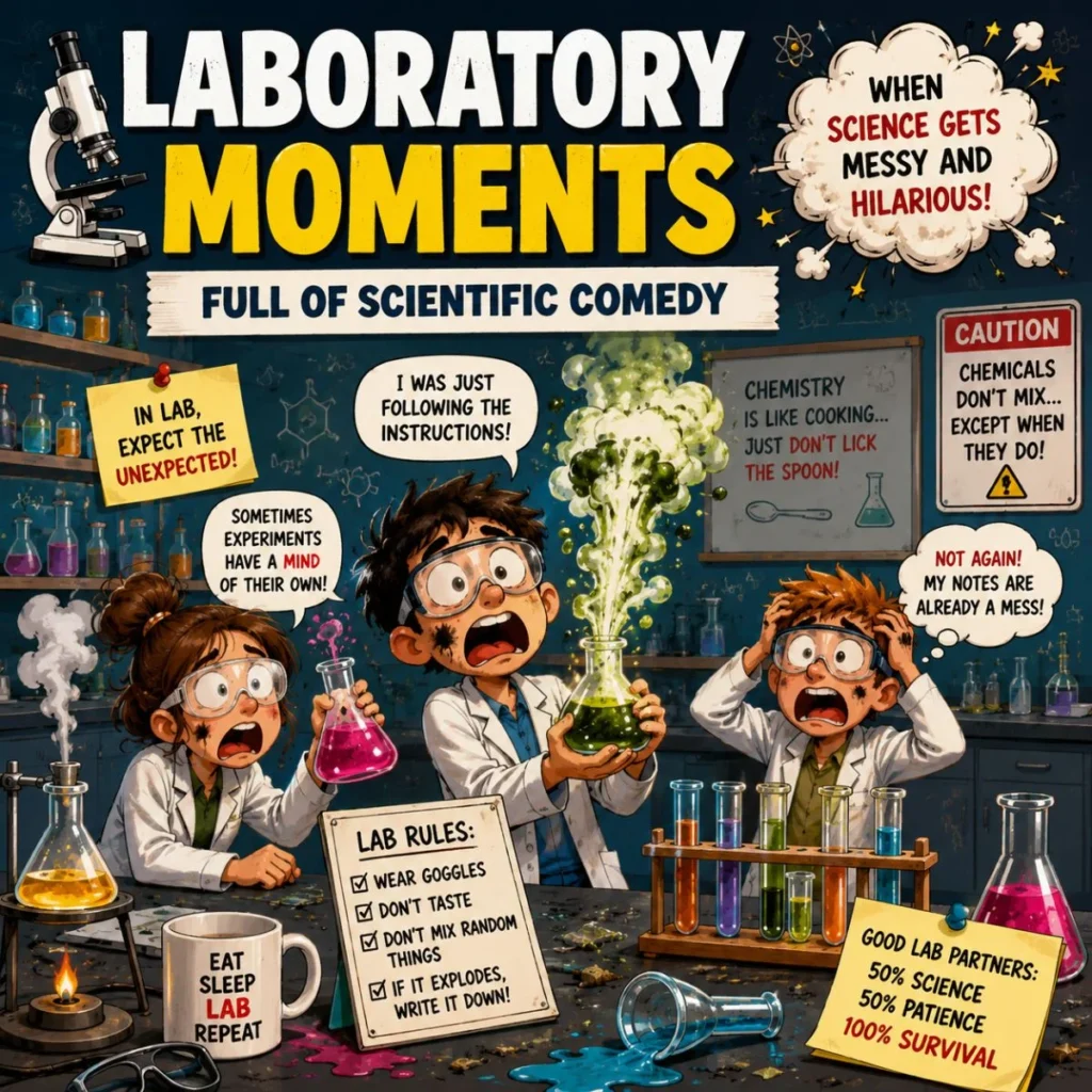 Funny laboratory moments illustration with science comedy, messy experiments, and students in chemistry lab