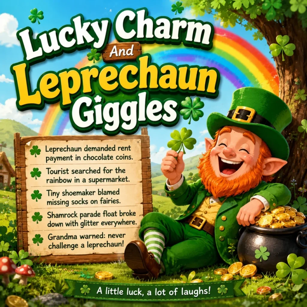 Lucky leprechaun with rainbow, shamrocks, gold coins, and playful Irish charm humor