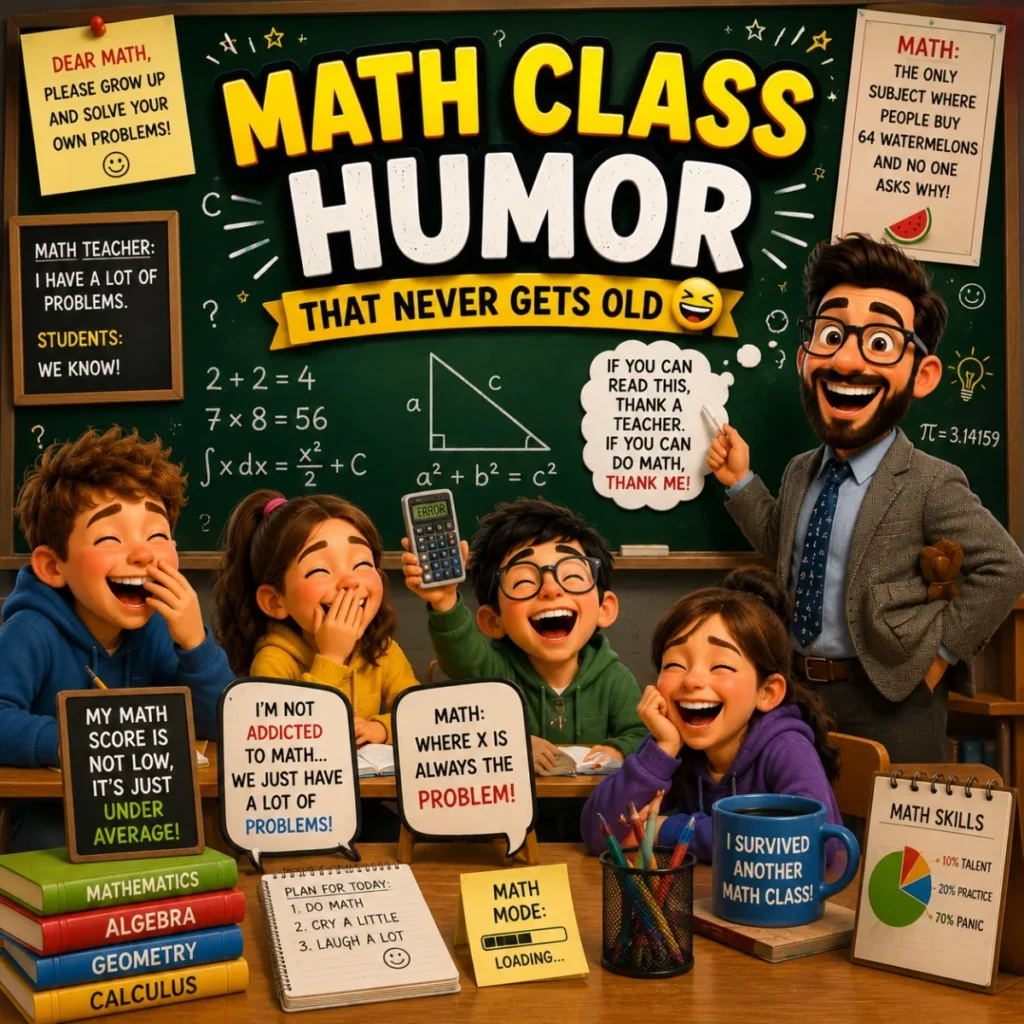 Funny math class humor poster with laughing students, teacher, equations, and school jokes