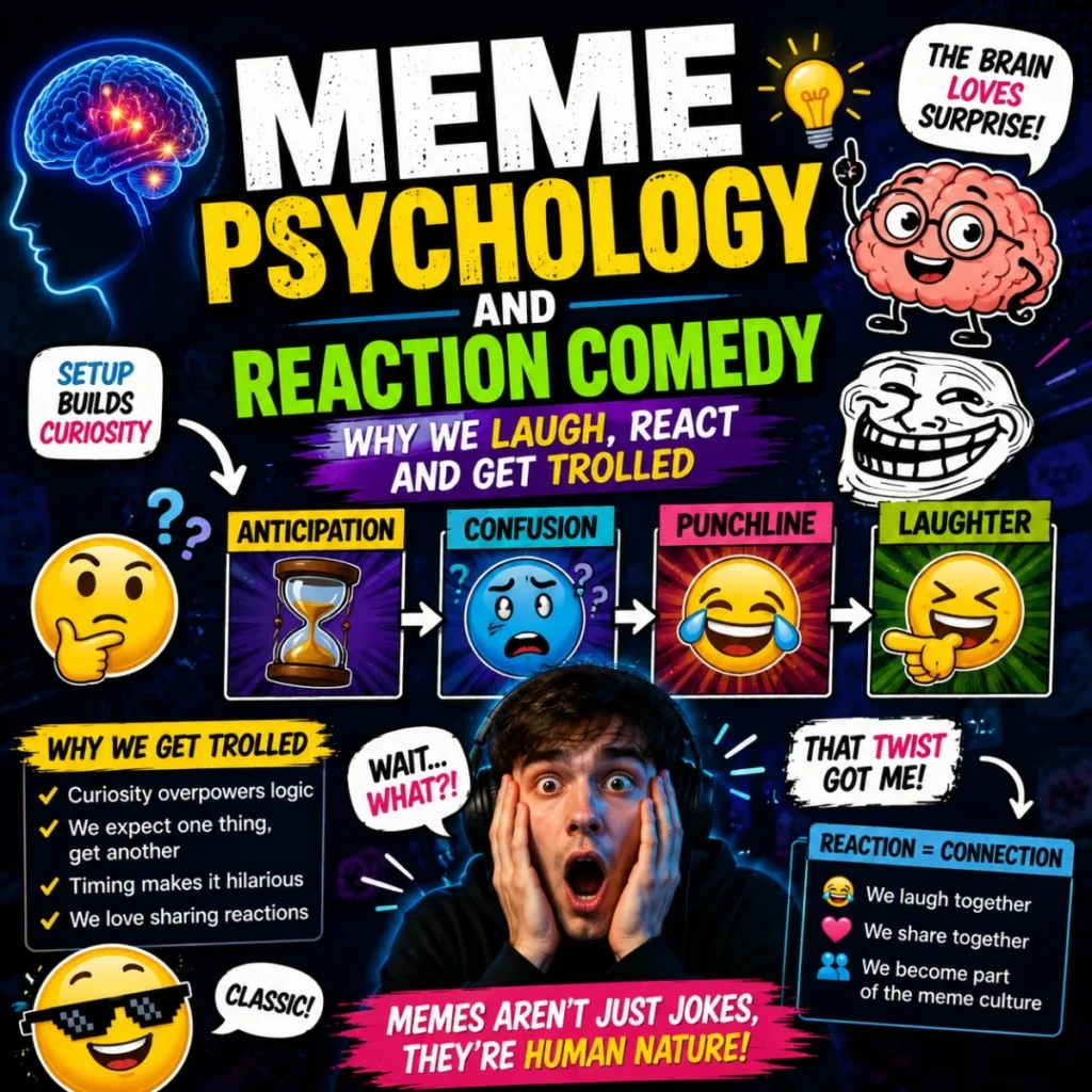 Meme psychology and reaction comedy graphic with funny faces, brain icons, and viral humor elements