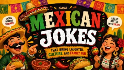Colorful Mexican jokes poster with tacos, fiesta decorations, maracas, and happy cartoon characters