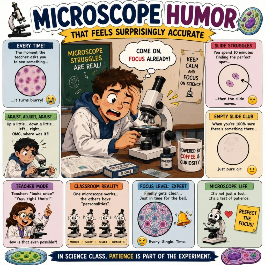 Funny microscope classroom poster with science students struggling during biology lab experiments