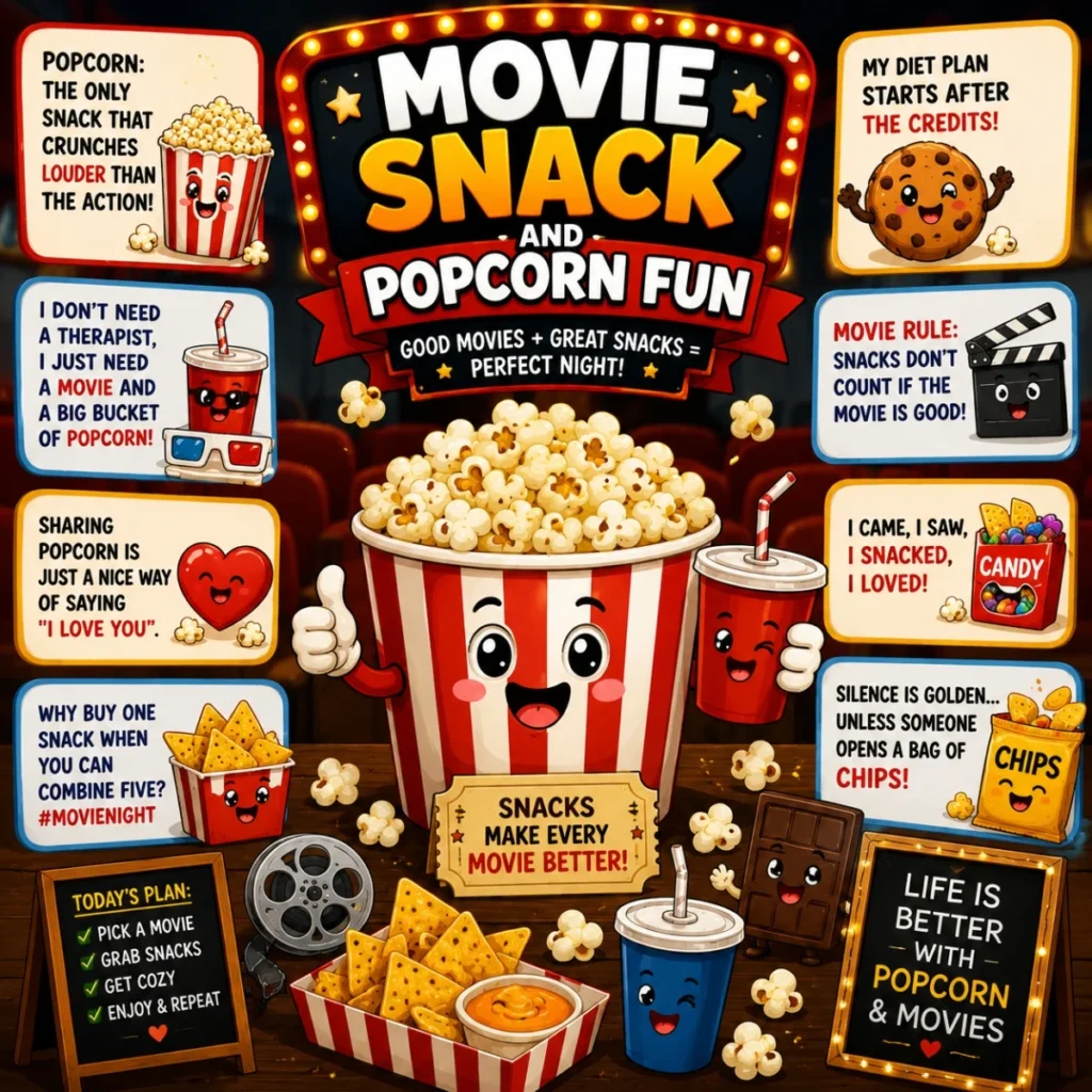 Movie snack and popcorn fun poster with cute popcorn, soda, candy, chips, and cinema humor quotes