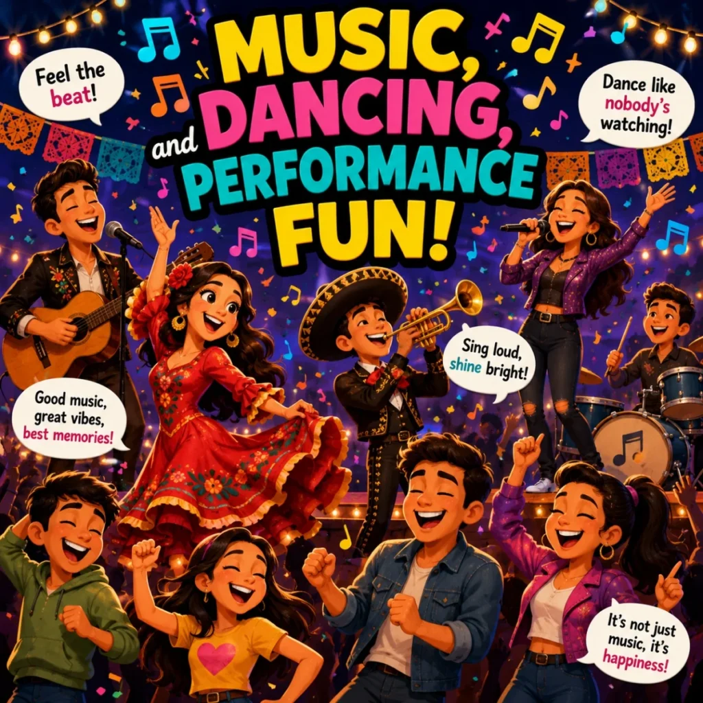 Music and dancing comedy image with performers, colorful stage lights, and fun party energy