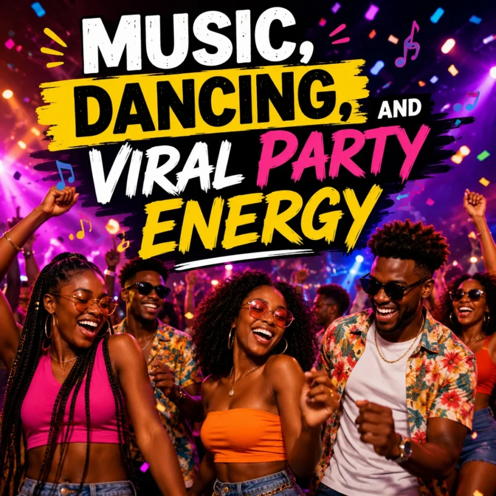 People dancing at a colorful party with music, lights, and viral social media energy