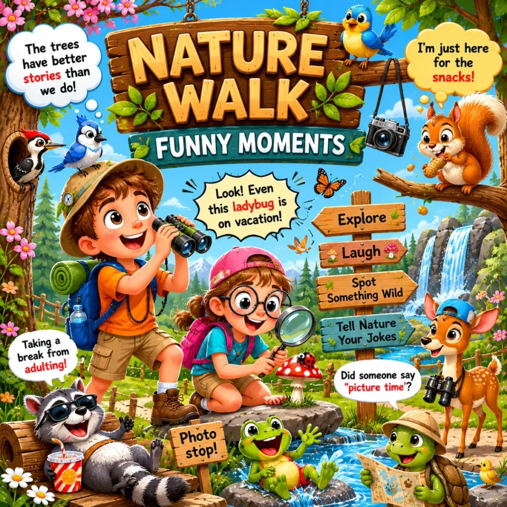 Nature walk funny moments with kids, forest animals, hiking trail, and cheerful outdoor humor