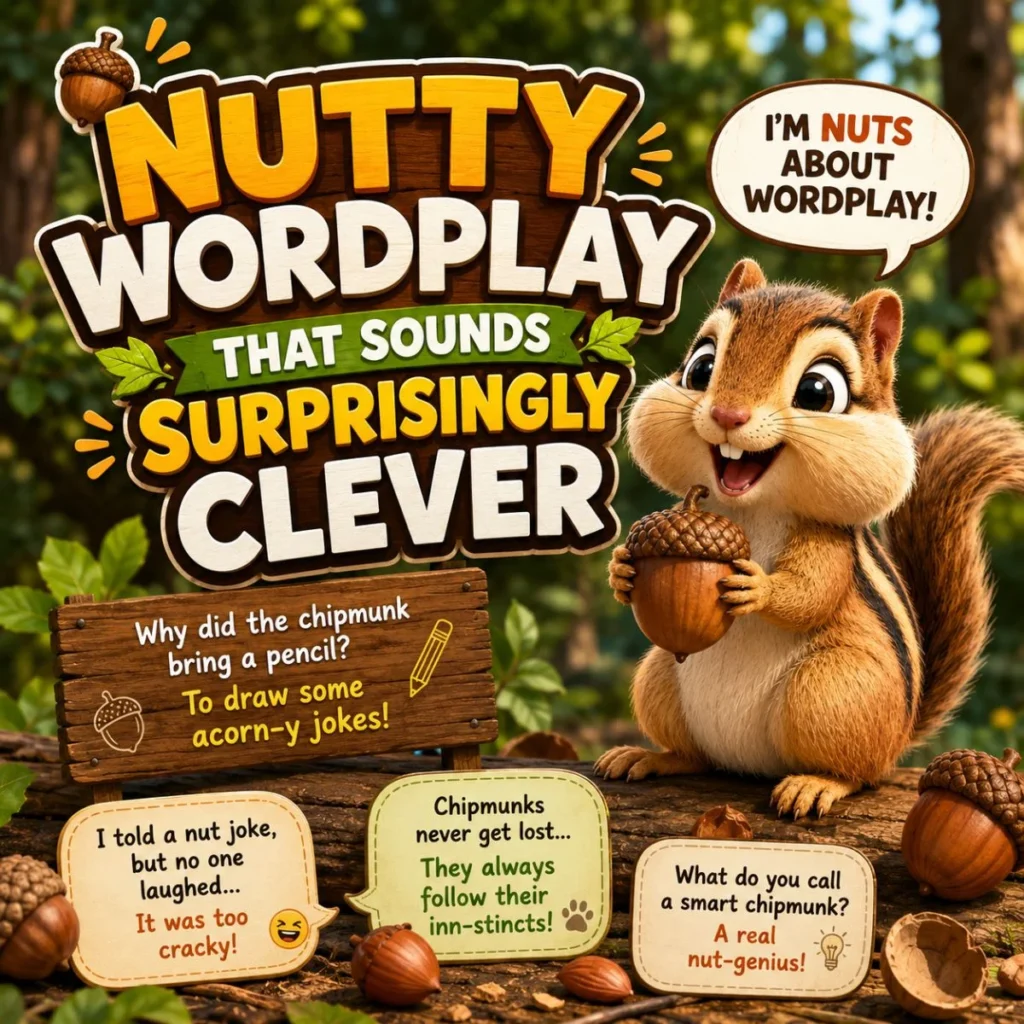 Cute cartoon chipmunk holding an acorn with nutty wordplay jokes in a colorful woodland scene