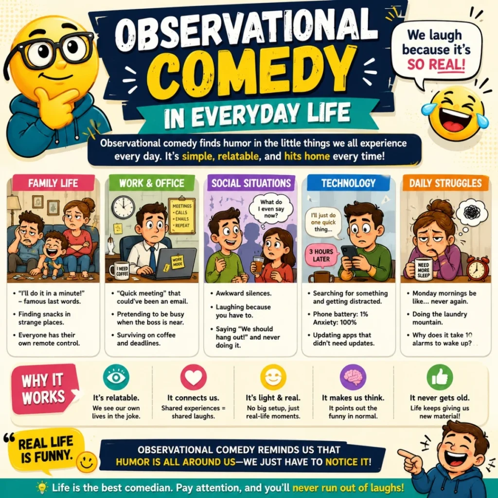Observational comedy infographic showing funny everyday life humor examples