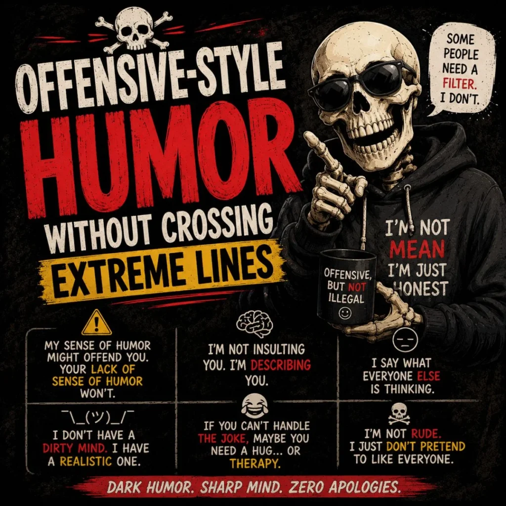 Offensive-style dark humor graphic with skeleton, sarcastic quotes, and edgy comedy design