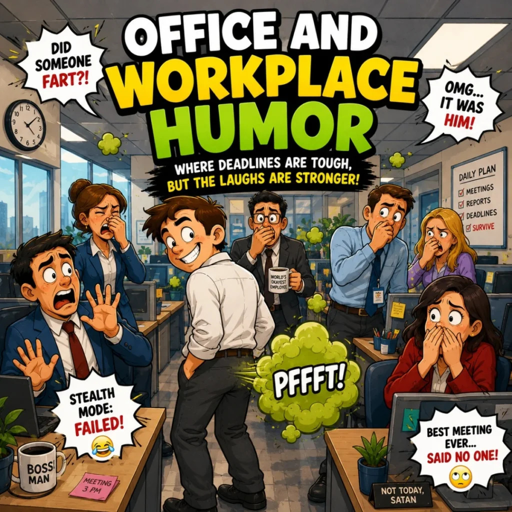 Cartoon office workplace humor scene with coworkers reacting to a funny fart joke