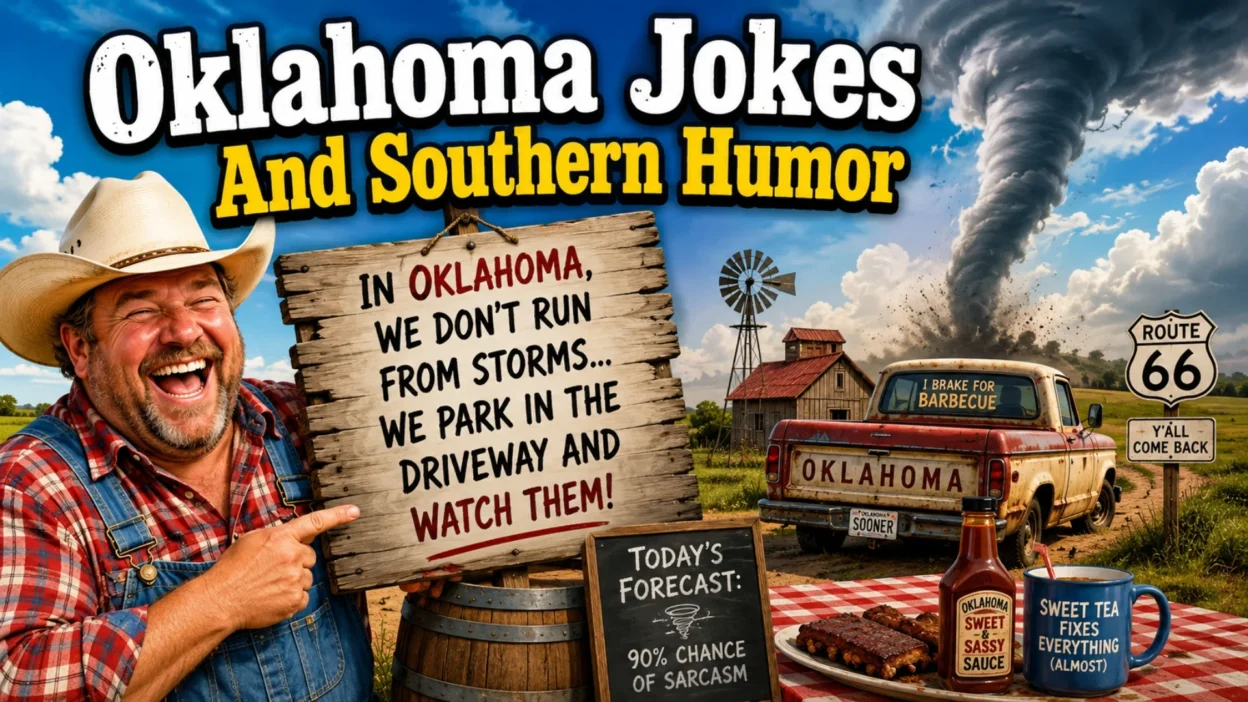 Oklahoma jokes poster with cowboy, tornado, barbecue, pickup truck, and Southern humor theme