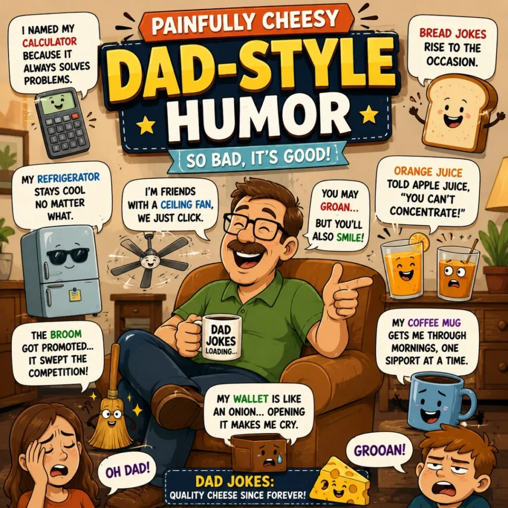 Cartoon dad telling cheesy jokes with funny puns and kids groaning in a living room