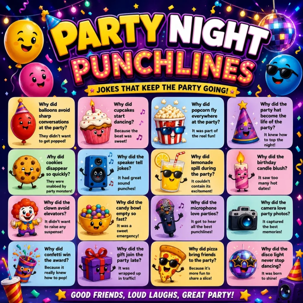 Party night punchlines poster with balloons, confetti, candy colors, and funny celebration jokes