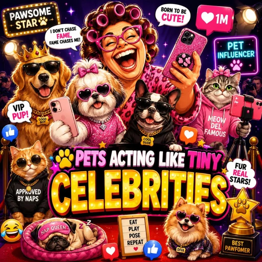 Pets acting like tiny celebrities with stylish dogs, cats, trophies, selfies, and viral pet influencer humor