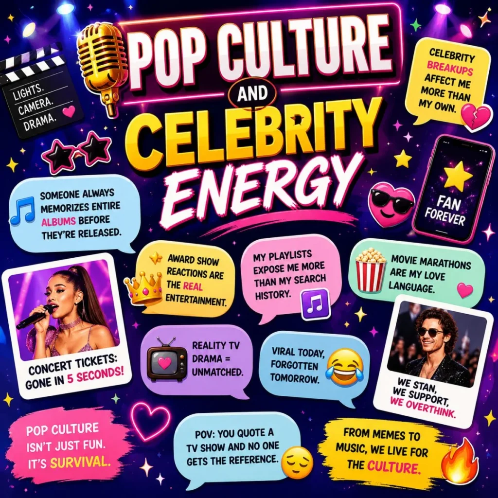 Pop culture and celebrity energy graphic with microphone, music icons, stars, and bold entertainment humor