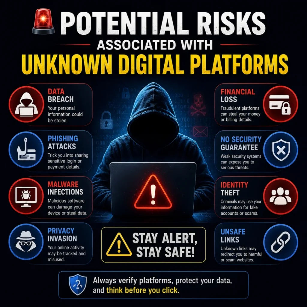 Potential risks of unknown digital platforms showing hacker, malware, phishing, and data breach warnings
