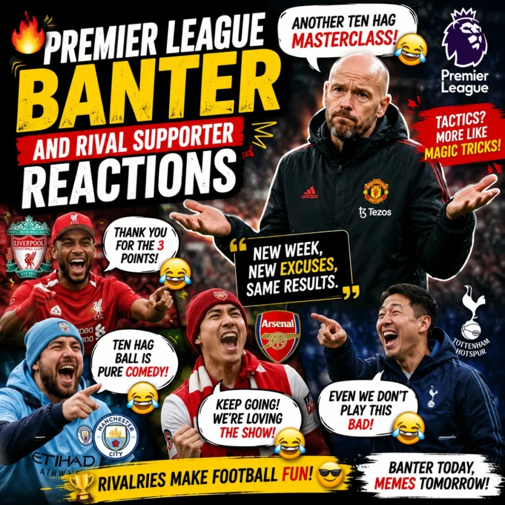 Premier League banter graphic with rival fans, meme reactions, and football humor
