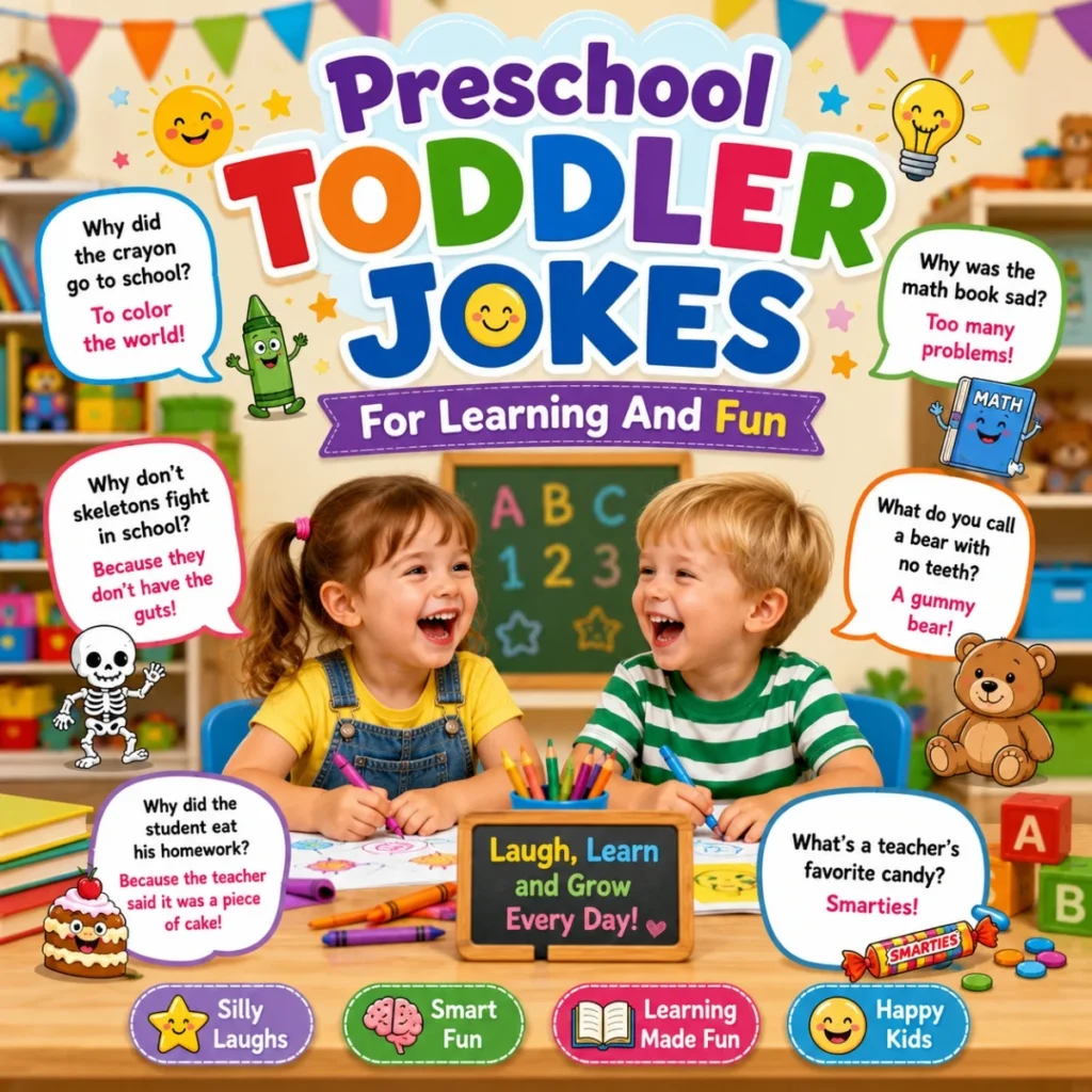 Preschool toddler jokes image with laughing kids, crayons, classroom fun, and learning humor
