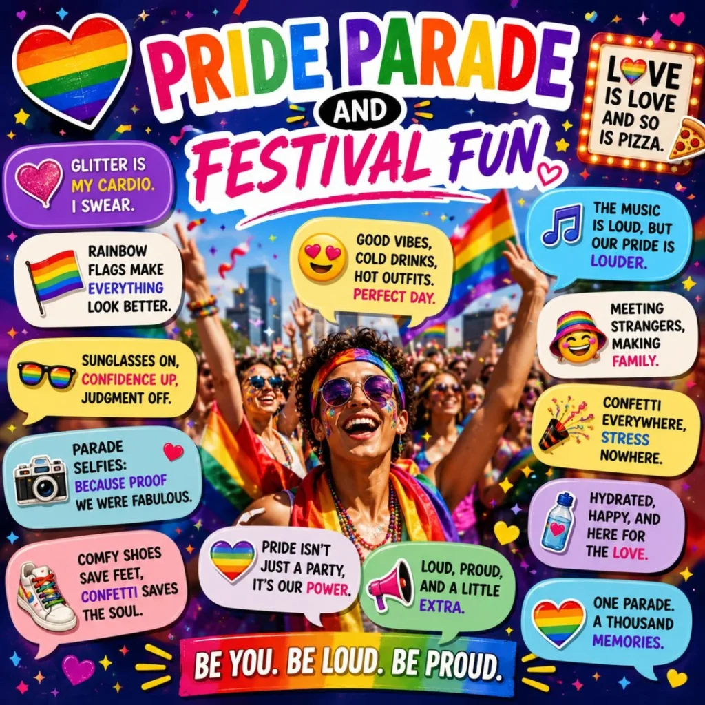 Pride parade festival fun graphic with rainbow flags, joyful crowd, music, confetti, and celebration theme