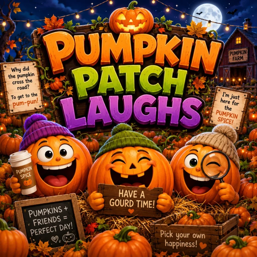 Pumpkin patch laughs image with smiling pumpkins, autumn leaves, moonlight, and Halloween farm signs