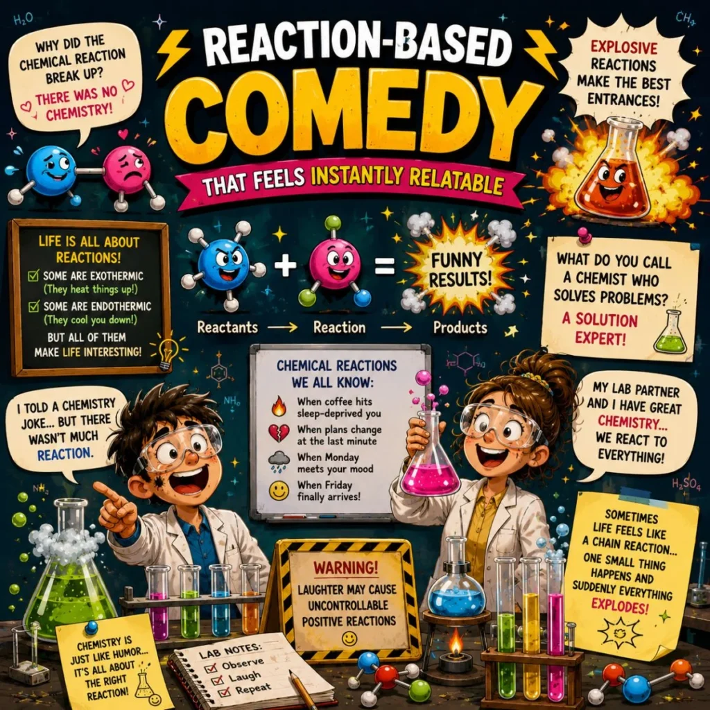 Reaction-based comedy illustration with funny chemistry experiments, colorful reactions, and science humor