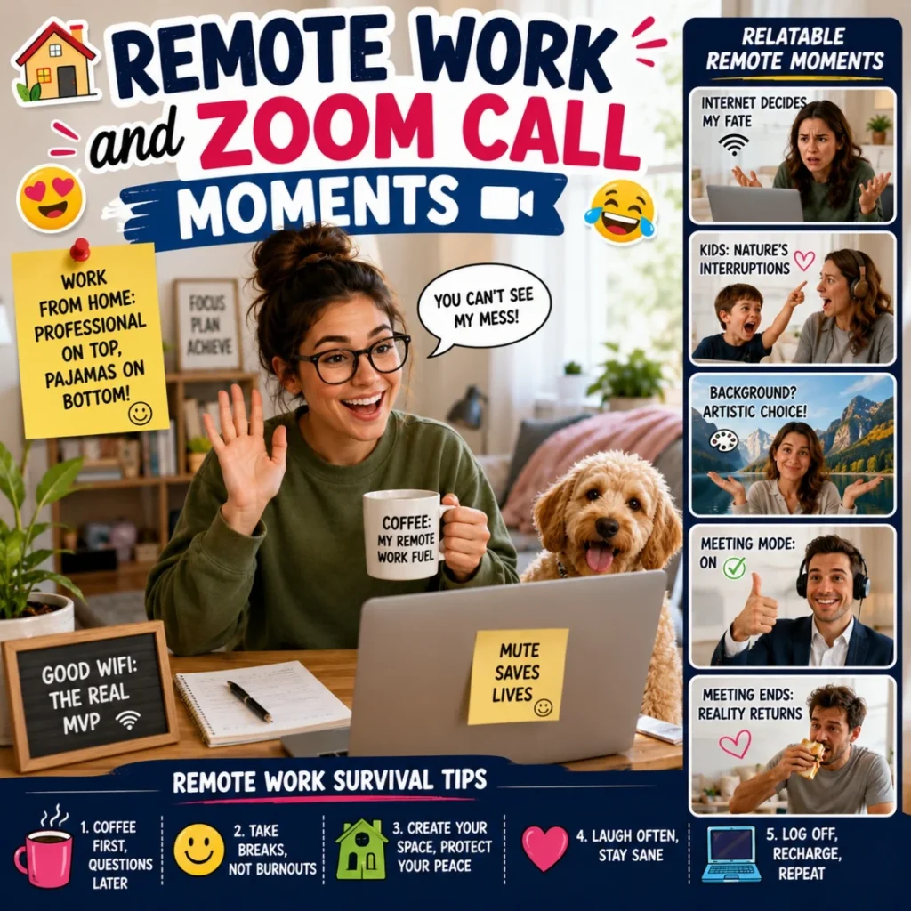 Remote work humor image with woman on Zoom call, dog, laptop, coffee, and funny home office moments
