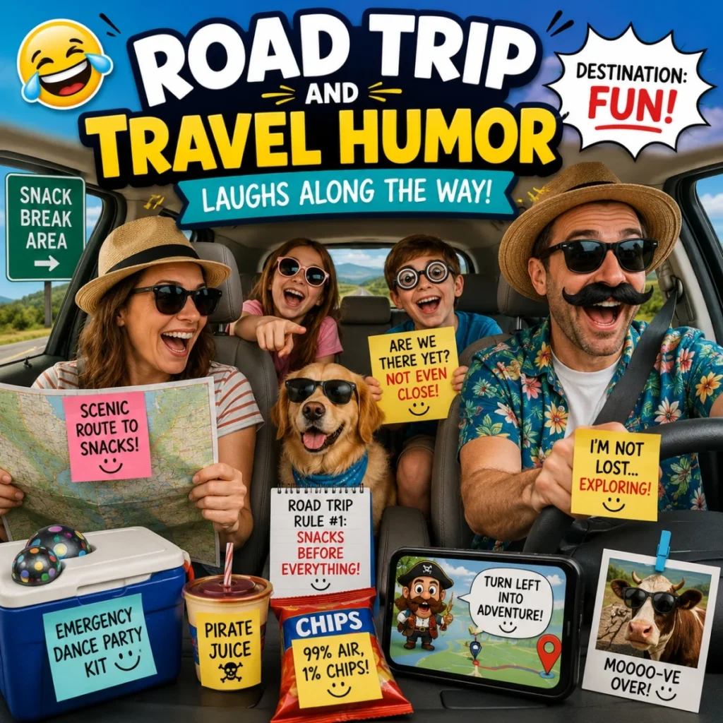 Road trip and travel humor image with laughing family, funny car pranks, snacks, dog, and travel jokes