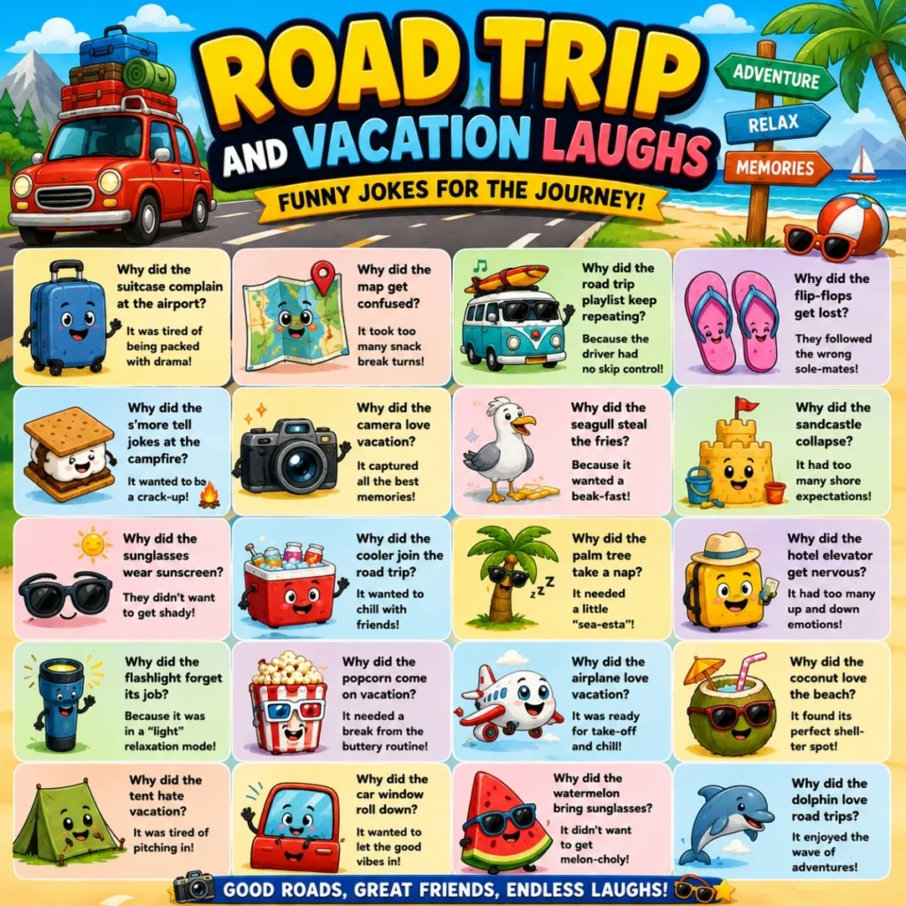 Road trip and vacation laughs poster with travel jokes, cartoon car, beach signs, and funny characters