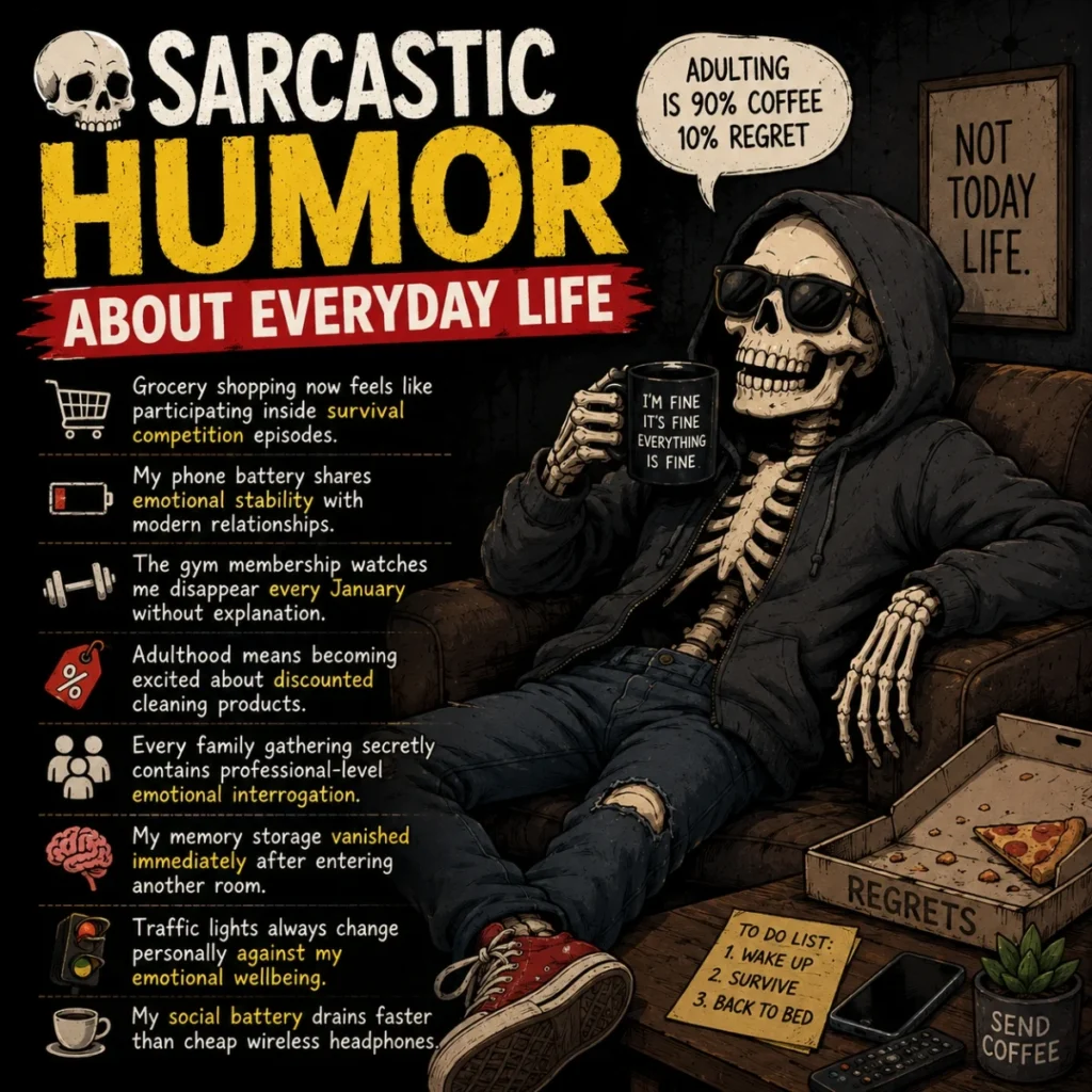 Sarcastic everyday life humor image with dark comedy skeleton and relatable meme mood