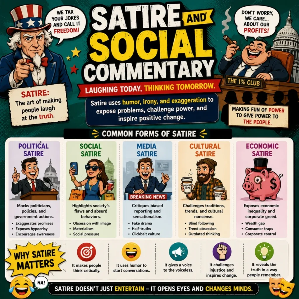 Satire and social commentary infographic showing political and cultural humor themes