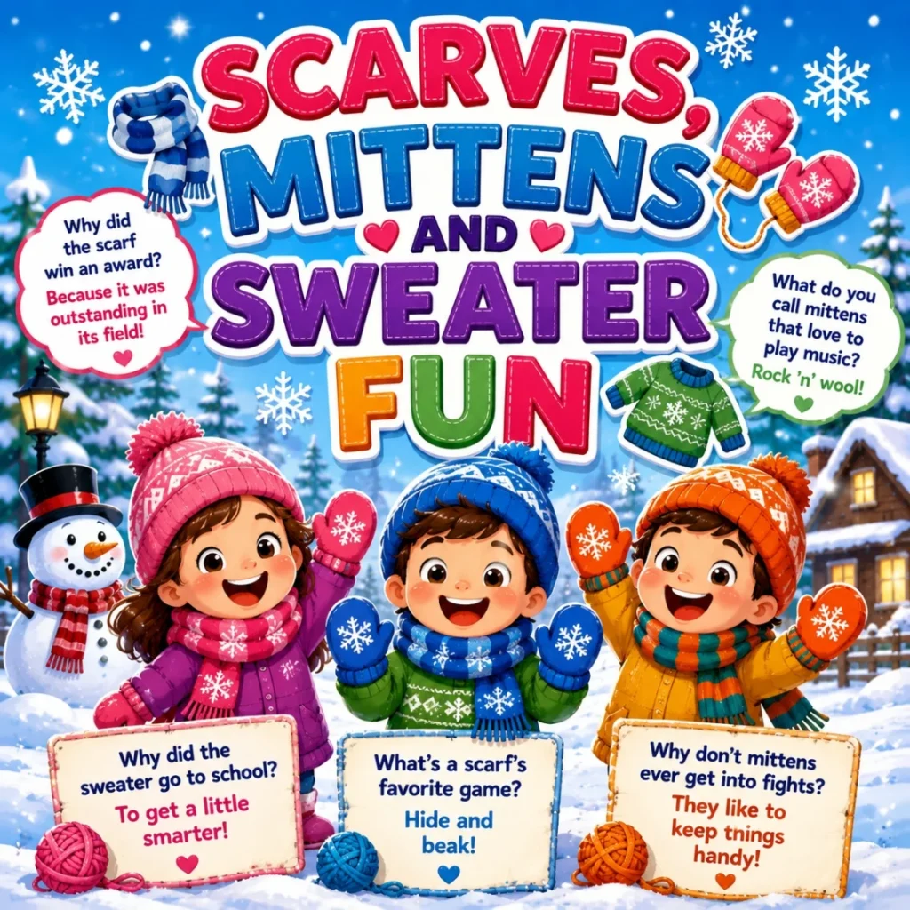 Kids wearing scarves, mittens, and sweaters in snowy winter scene with snowman and joke signs